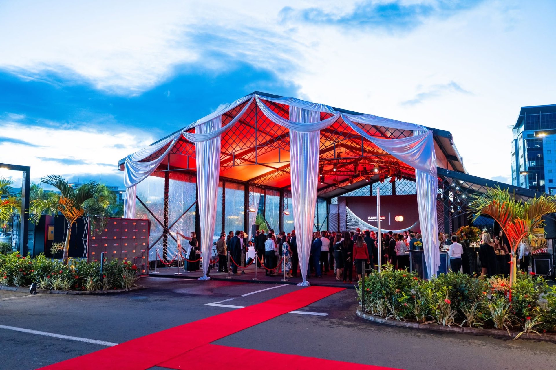 Bank One x Mastercard launch tent at dusk