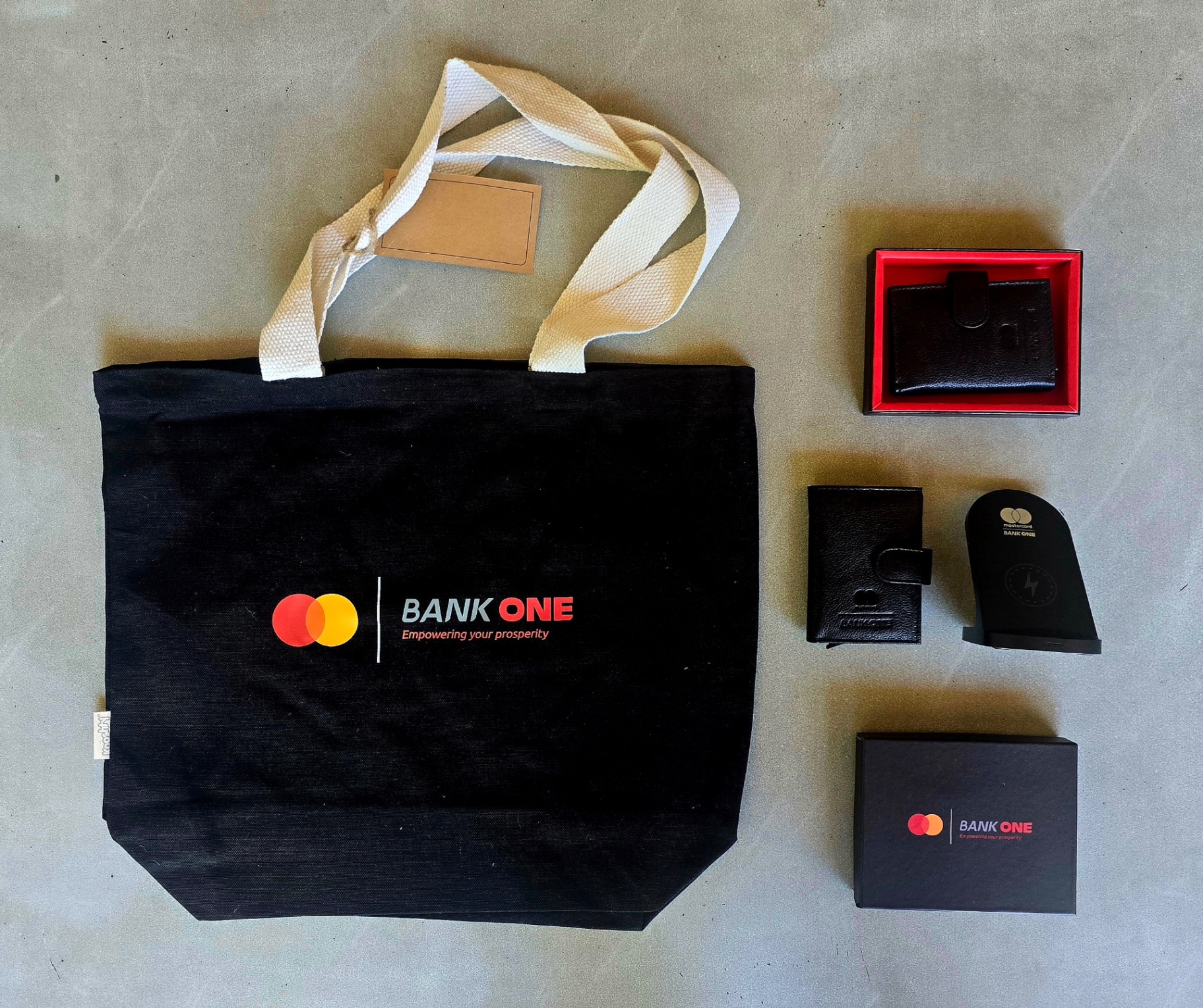 Bank One x Mastercard branded merchandise flatlay
